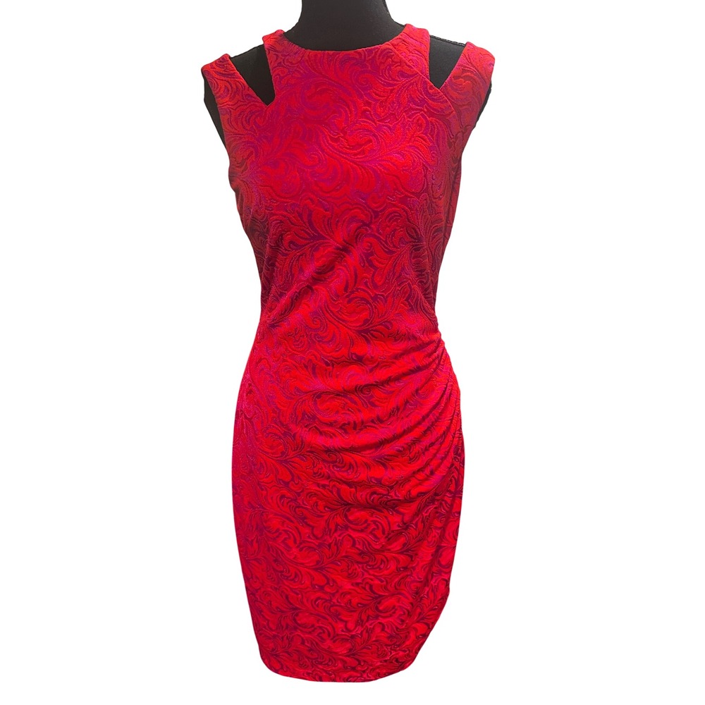 Caché Red Magenta Floral Brocade Cutout Neckline Ruched Sheath Cocktail Dress